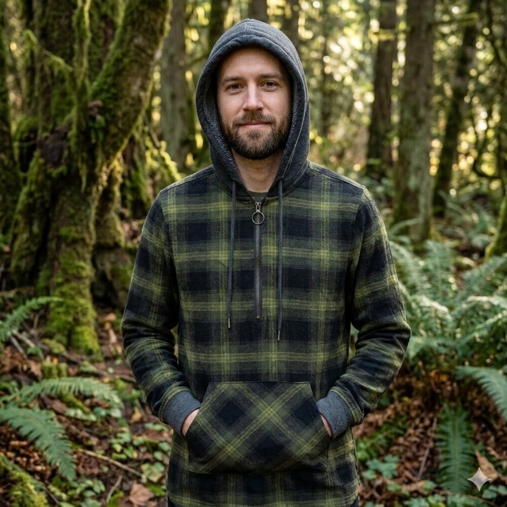 EMPYRE Plaid Quarter-Zip Hooded Flannel Yellow Dark Grey Sweater Size Small EUC